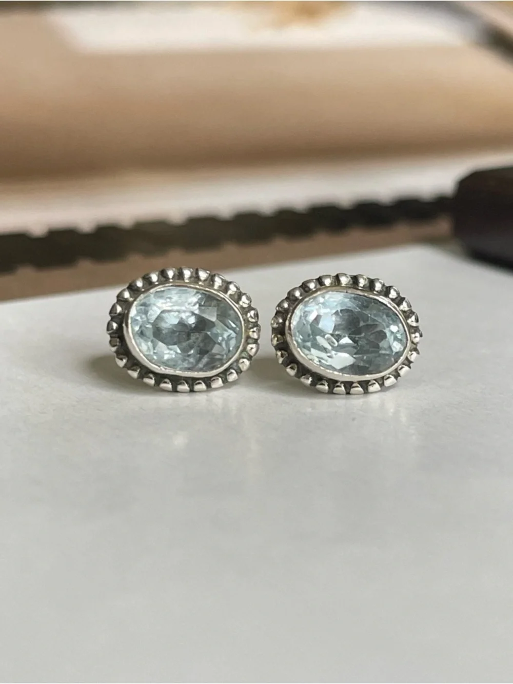Blue Topaz stud Earrings 925 Sterling Silver,     V I B E S